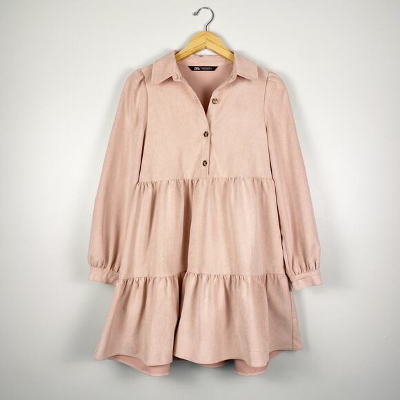 ZARA Corduroy Tiered Long Sleeve Mini Dress in Pink XS - Picture 3 of 7